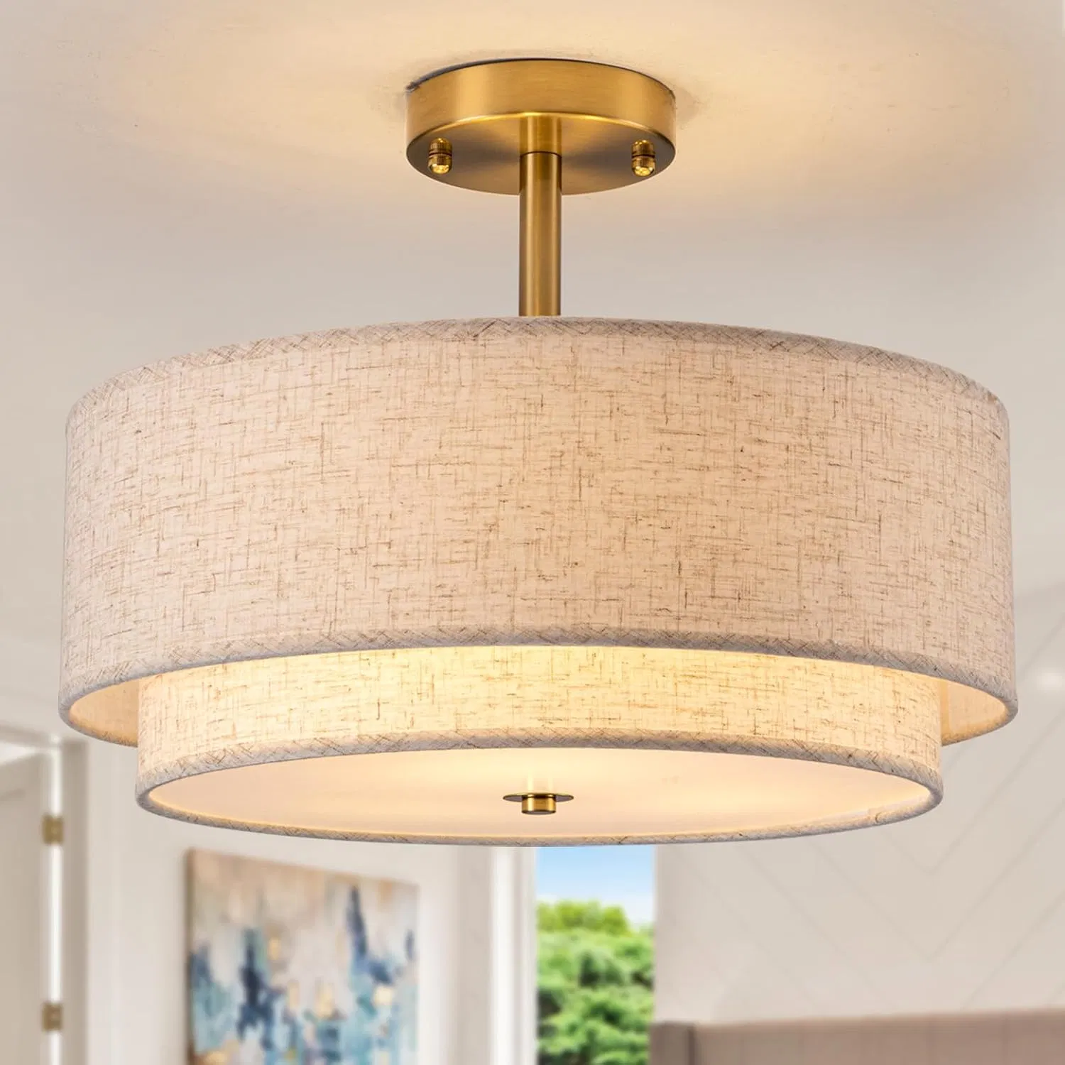 16" Semi Flush Mount Ceiling Light Fixture 3-Lights Gold Drum Ceiling Light for Bedroom