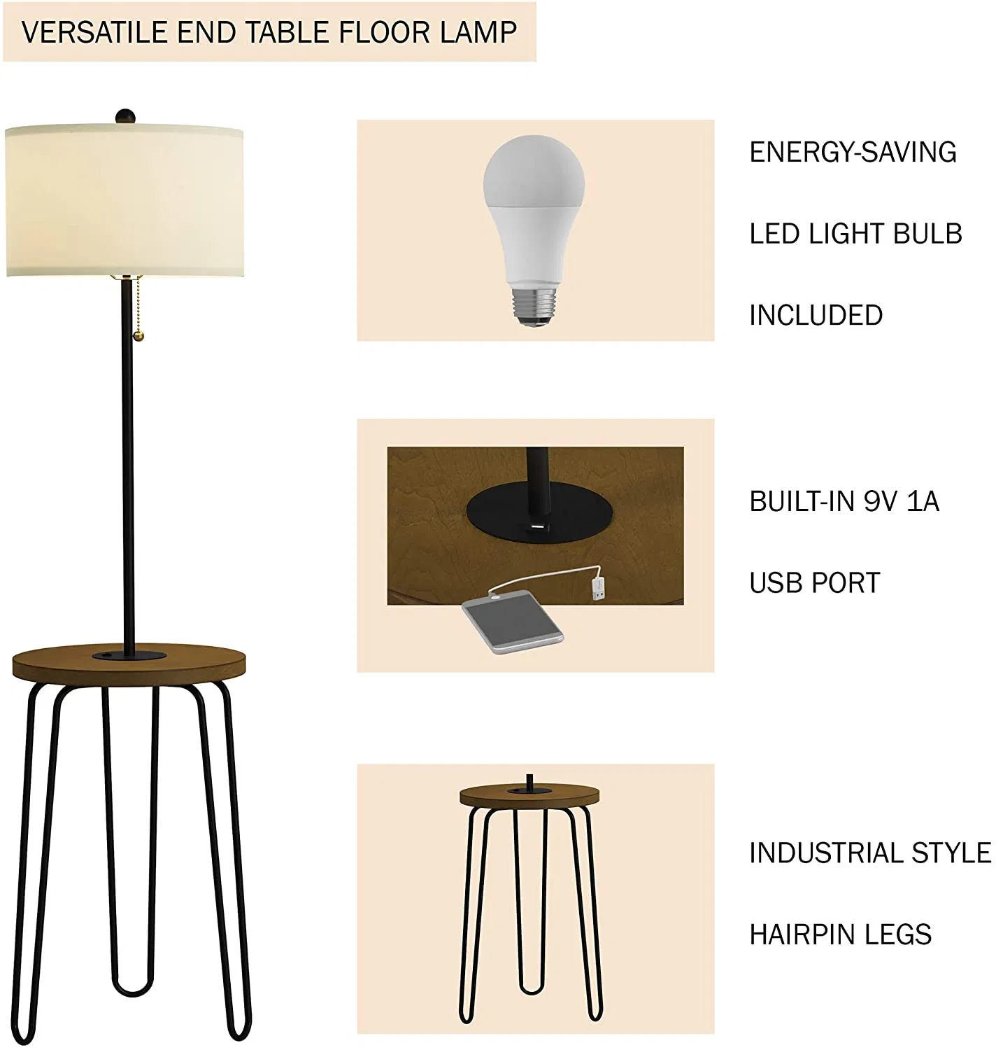 Floor Lamp End Table- MID Century Modern Style Side Table, Hairpin Legs, Drum Shape Shade, LED USB Charging Port