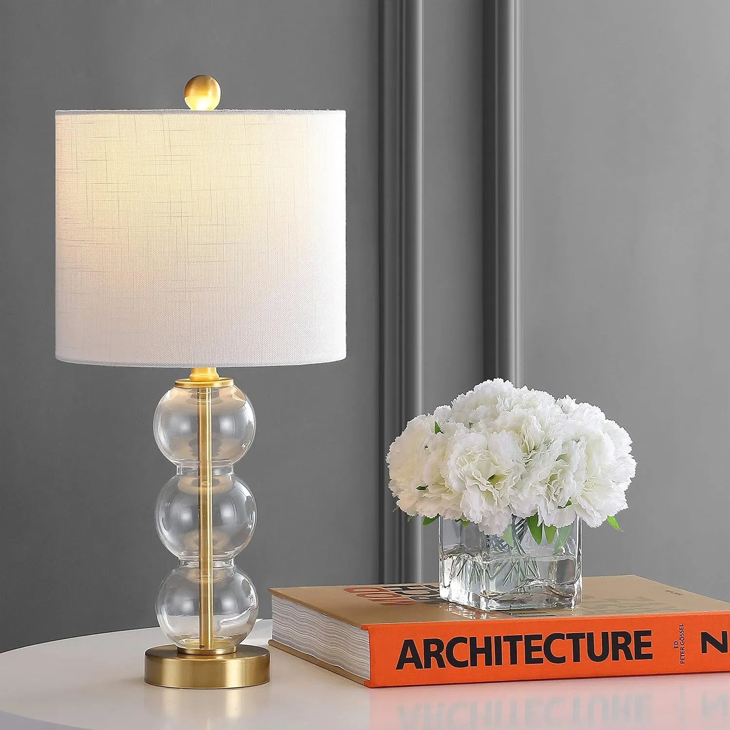 Modern Art Deco Clear Glass Stacked Sphere White Linen Shade Brass Gold Table Lamp