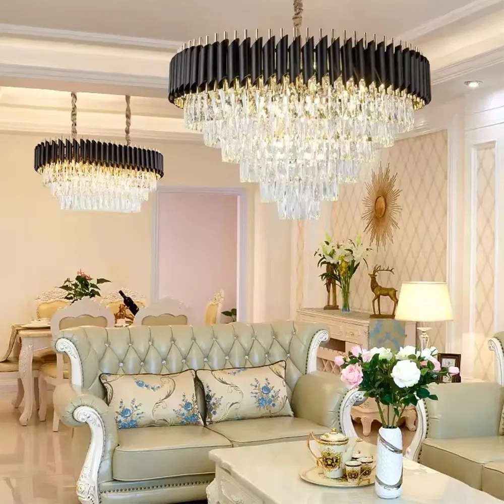 Dining Room Pendant Lights Black Round Modern Chandeliers Ceiling Luxury Crystal