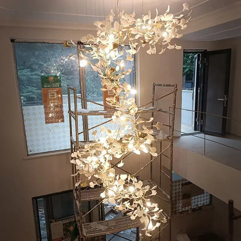 Modern Long Staircase Chandeliers Pendant Lights Custom Hotel Gold Large LED Ceiling Lighting Luxury Flower Crystal Chandeliers