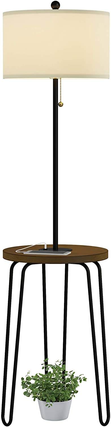 Floor Lamp End Table- MID Century Modern Style Side Table, Hairpin Legs, Drum Shape Shade, LED USB Charging Port