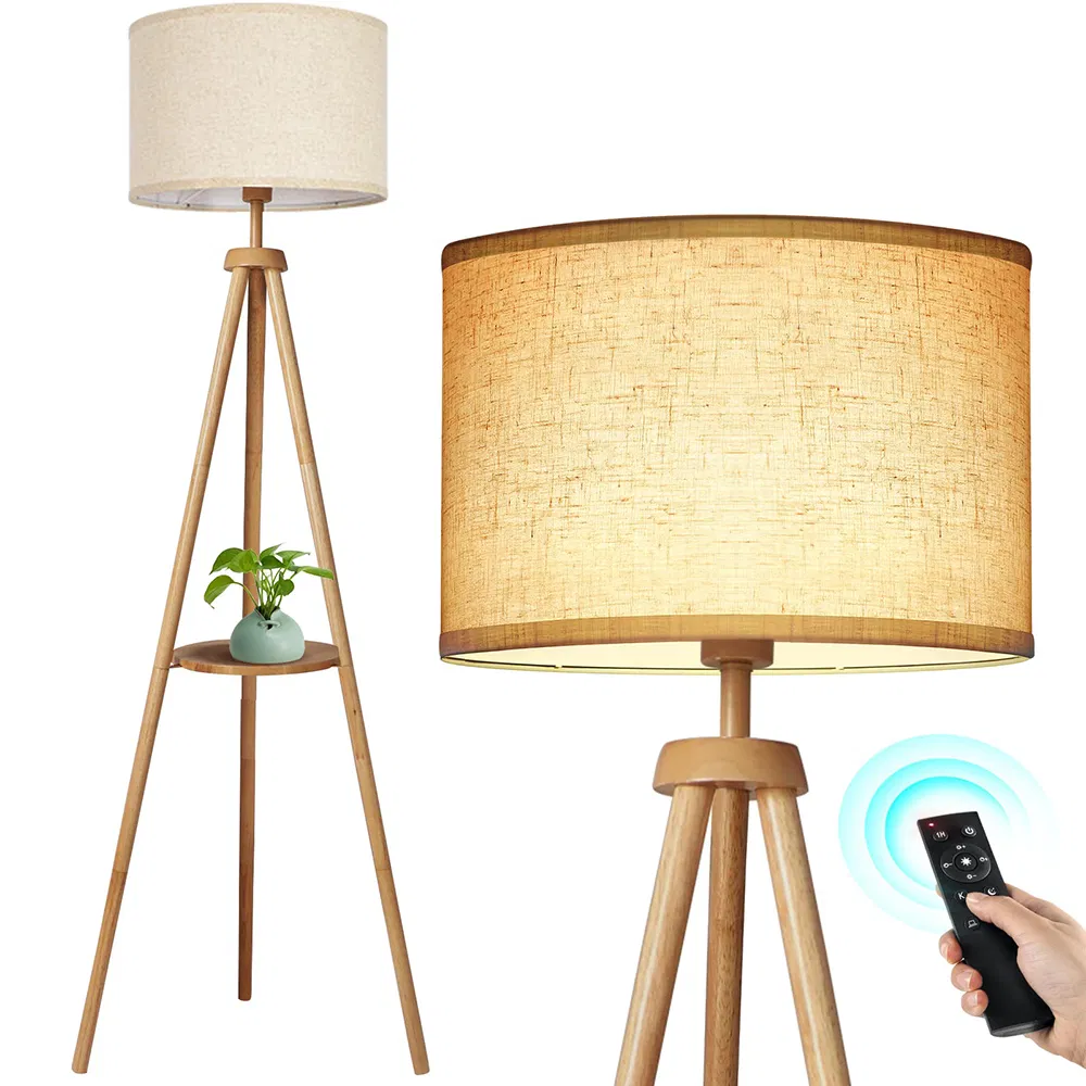 MID Century Floor Lamp Remote Control Modern Dimmable Standing Lamp Beige Linen Shade Living Room Bedroom Wood Tripod Floor Lamp