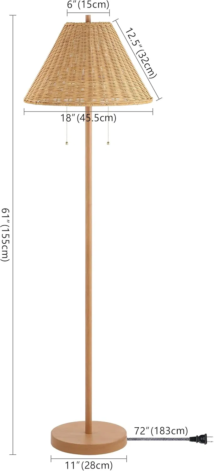 Coastal Bohemian MID Century Modern Tall Iron Brown Wood Rattan Shade Dual Pull Chain LED Floor Lamp