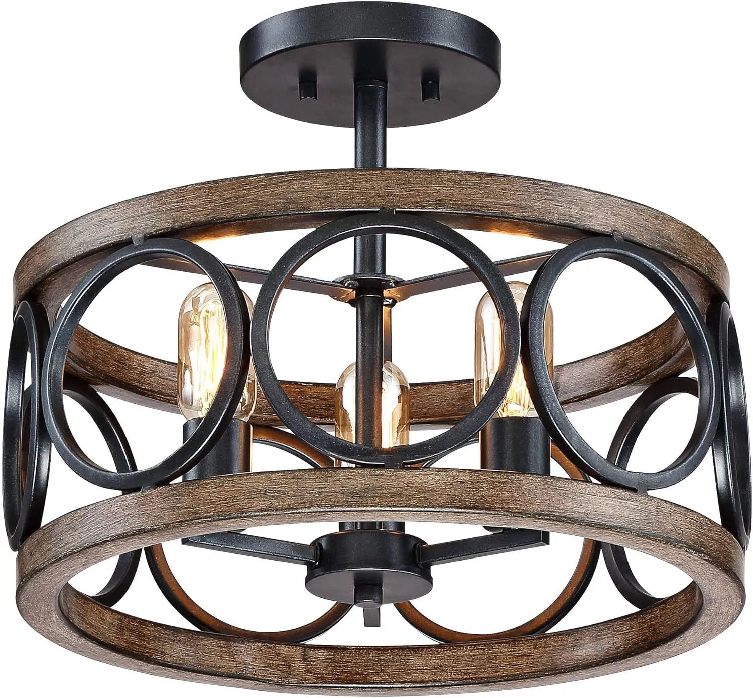 Factory Direct Sales Works Salima Rustic Farmhouse Ceiling Semi Flush Mount LED Black Circle Wood Grain Open Drum Pendant Light