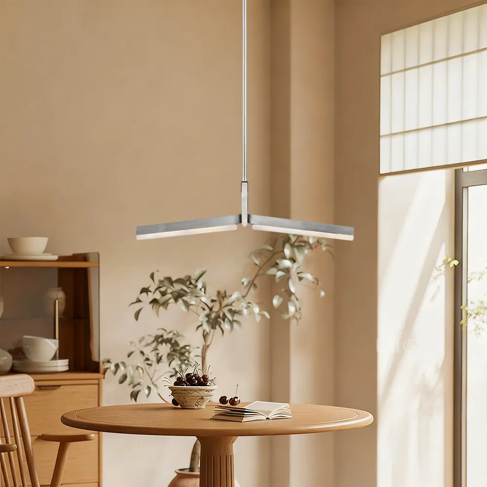 Minimalist Single-Tier V-Shaped Silver Linear LED Pendant Chandelier, Modern Hanging Lamp for Dining Table