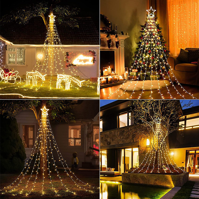 Christmas Decorations Waterfall LED String Lights Outdoor Courtyard Festival Solar Star Fairy Waterflow String Light