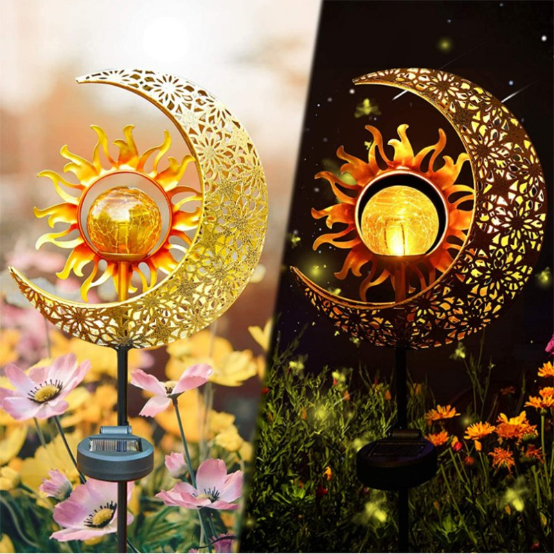 Garden Solar Lights Outdoor Decorative, Sun &amp; Moon Crackle Glass Globe Metal Stake LED Solar Ground Light