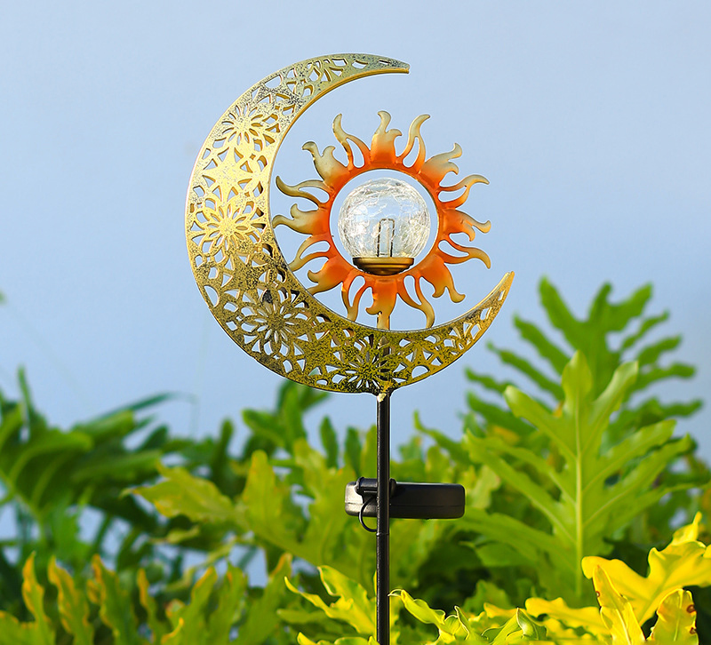 Garden Solar Lights Outdoor Decorative, Sun &amp; Moon Crackle Glass Globe Metal Stake LED Solar Ground Light
