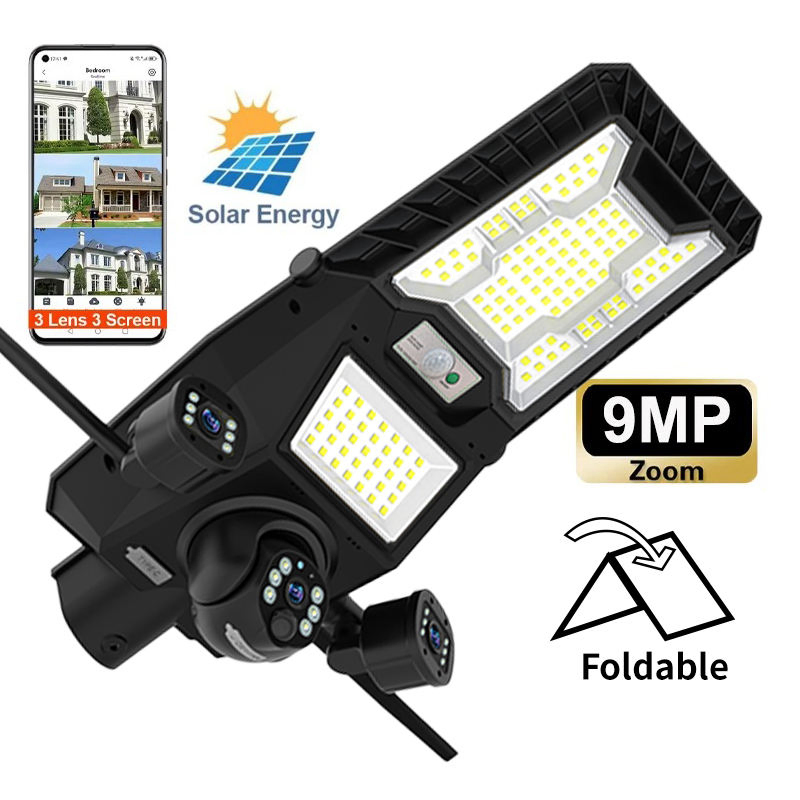 Outdoor Foldable Three Lens 12MP 4G Solar Security Cameras 500W Outdoor Motion Sensor LED Garden Integrated Solar Street Lights