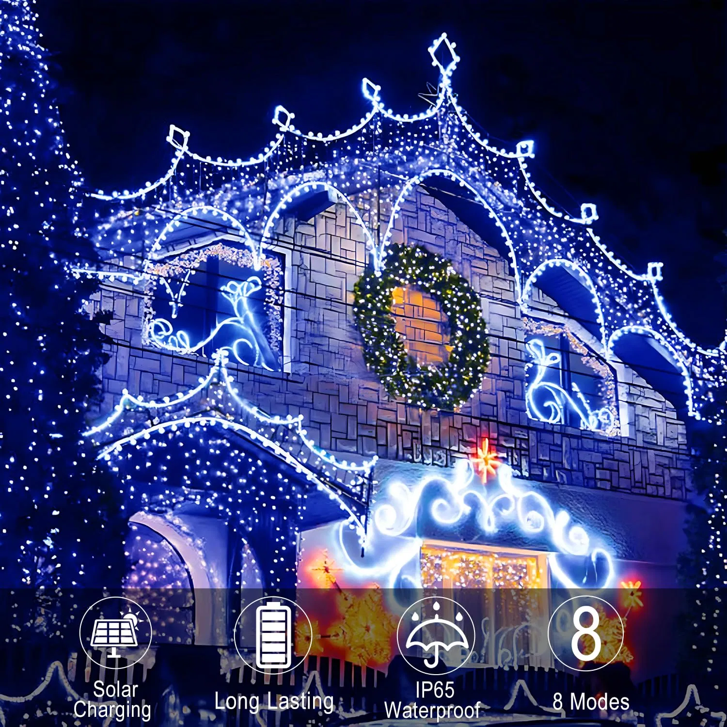 99 FT 300 LED Solar Rope String Lights Blue, 8 Modes Waterproof Bright Fairy Lights for Outdoor Garden Decor