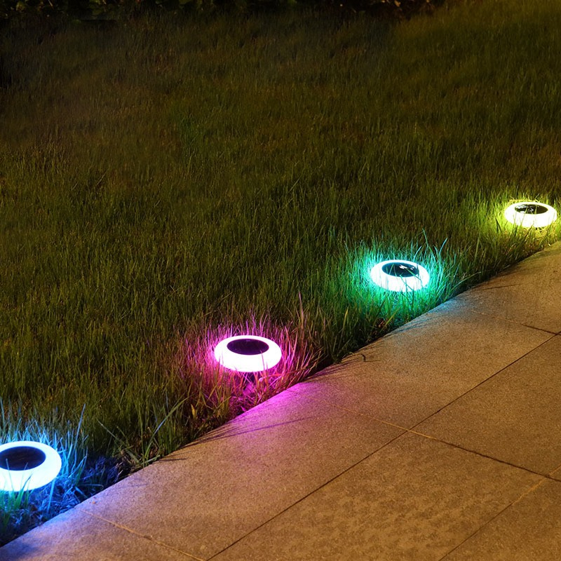Disc-Shaped Buried Lamps RGB Color Change Waterproof LED Solar Underground Light with Spike for Park Garden