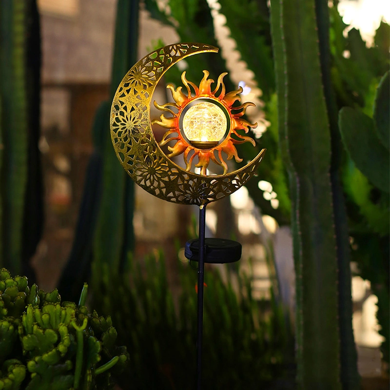 Garden Solar Lights Outdoor Decorative, Sun &amp; Moon Crackle Glass Globe Metal Stake LED Solar Ground Light