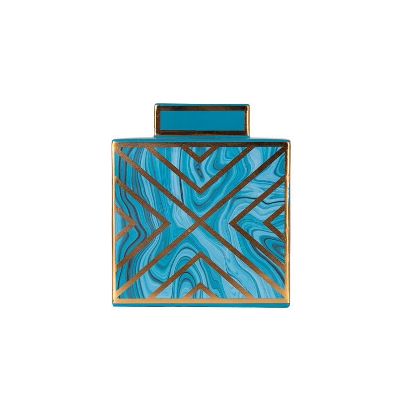 China Geometric Cuboid Gold-Painted Blue Agate Pattern Ceramic Decorative Jar Sample Manufacturers, Company