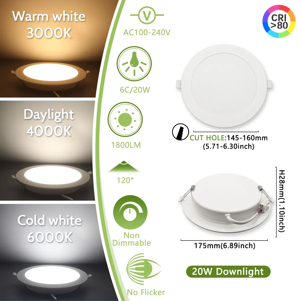 Factory Hot Sale LED Plastic Downlight 6c 20W 100-240V Warm White/Netural White/Cold White Recessed LED Spotlight for Indoor Lighting