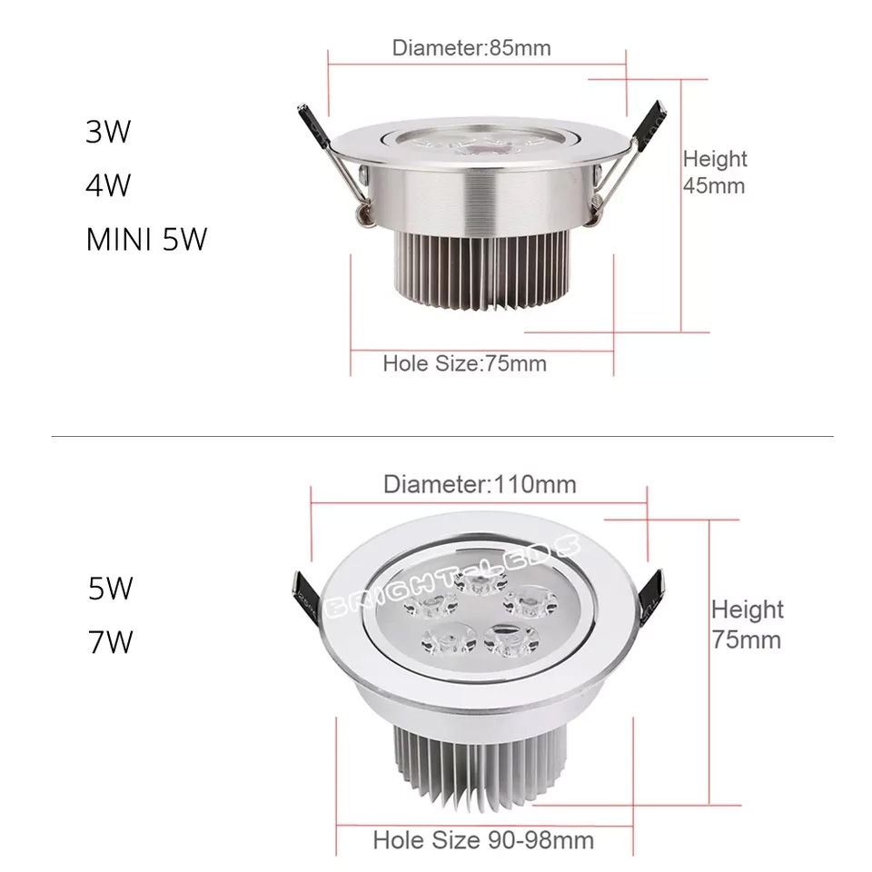 Round Dimmable Downlight 3W/5W/7W/9W/12W/18W LED Ceiling Spotlight Embedded High-Power Ceiling Spotlight AC85-265V or DC 6V-20V