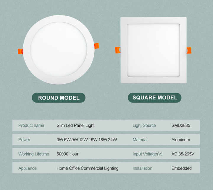 Indoor Lighting 3W 6W 9W 12W 15W 18W 24W Round Square Recessed Ceiling Lamp LED Panel Light for Home Office Hotel LED Downlight