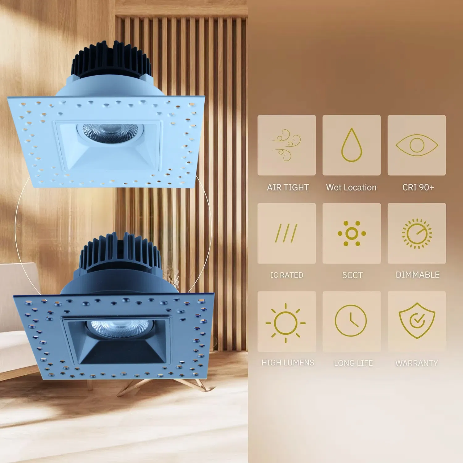 Ultra-Thin Recessed Anti-Glare LED Downlight 5 Color Temperature Selectable 2700K/3000K/3500K/4000K/5000K, Dimmable Square White Trim,