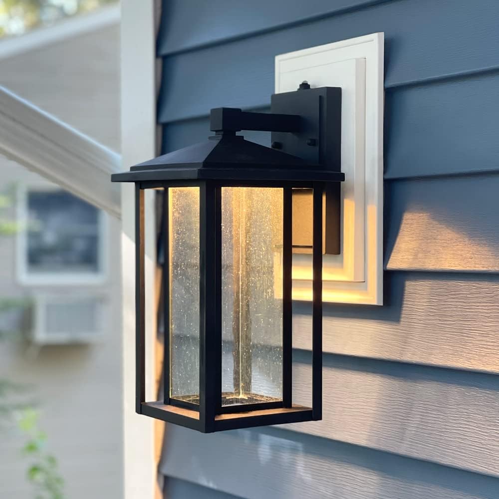 LED Outdoor Wall Light Square Decorative Home Porch Lantern with Automatic Dusk to Dawn Photocell Sensor Seeded Glass Design