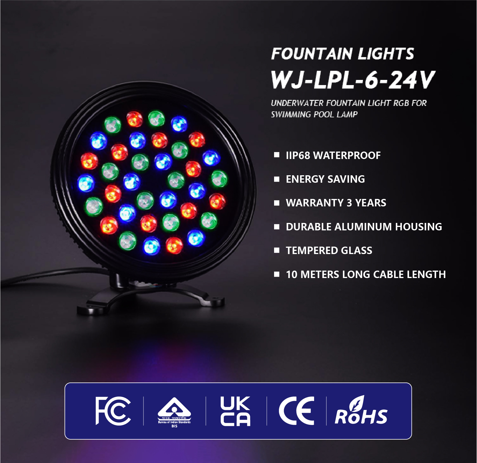 LED Underwater Light 36W IP68 Waterproof Swimming Pool Garden Fountain Light RGB Color Submersible Lamp Portable 24V 5-Year