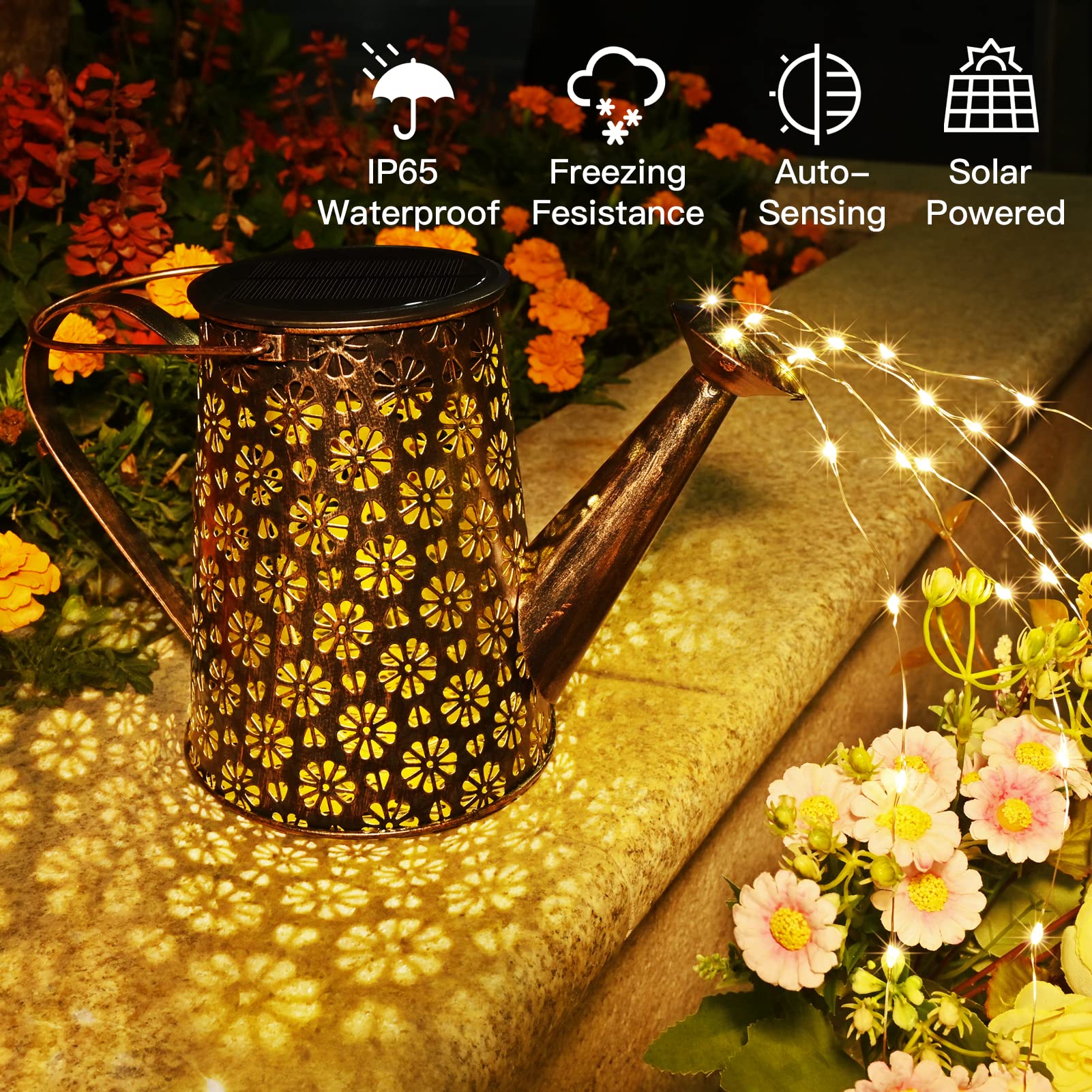 Large Hanging Lantern Landscape Watering Can LED Lights Waterproof Solar Outdoor Garden Decor Porch Patio Pathway Battery