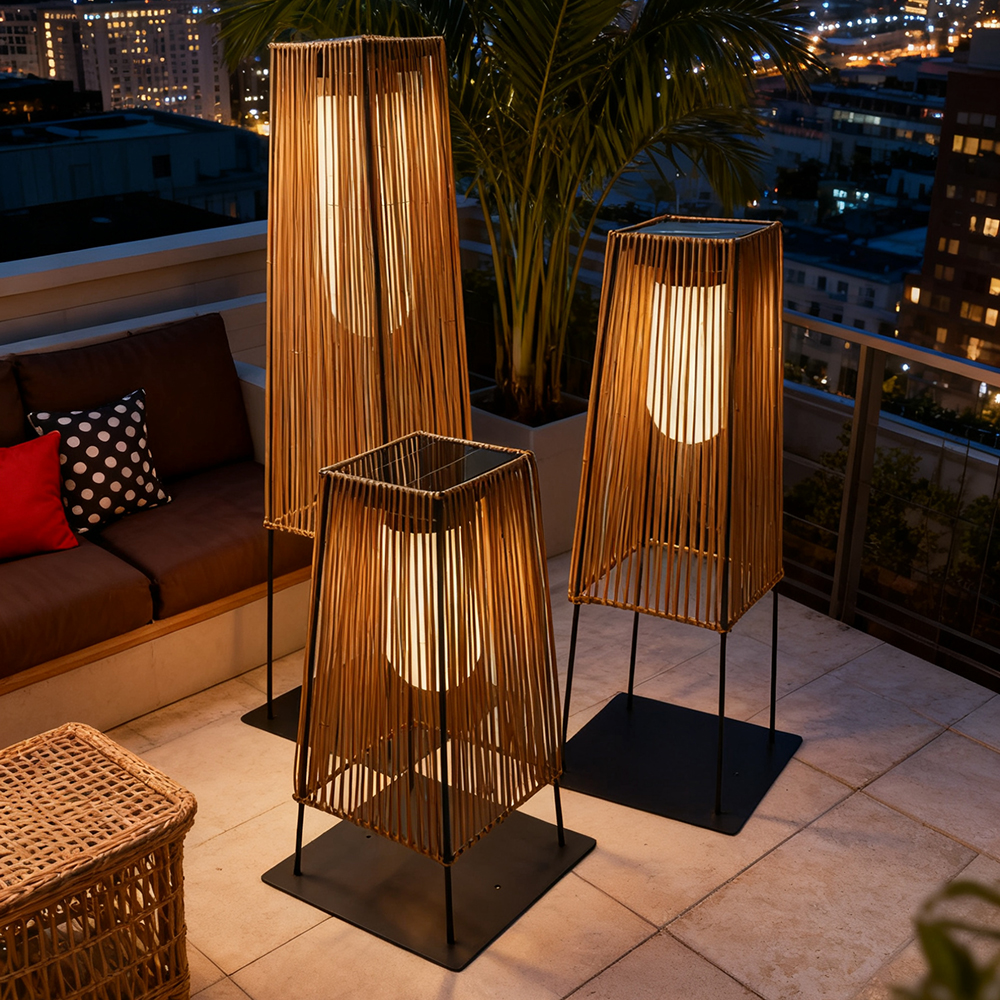 Solar Floor Lamp Outdoor Solar Powered Lantern for Patio Waterproof Rattan Deck Lights for Porch Yard Garden Lawn Pathway