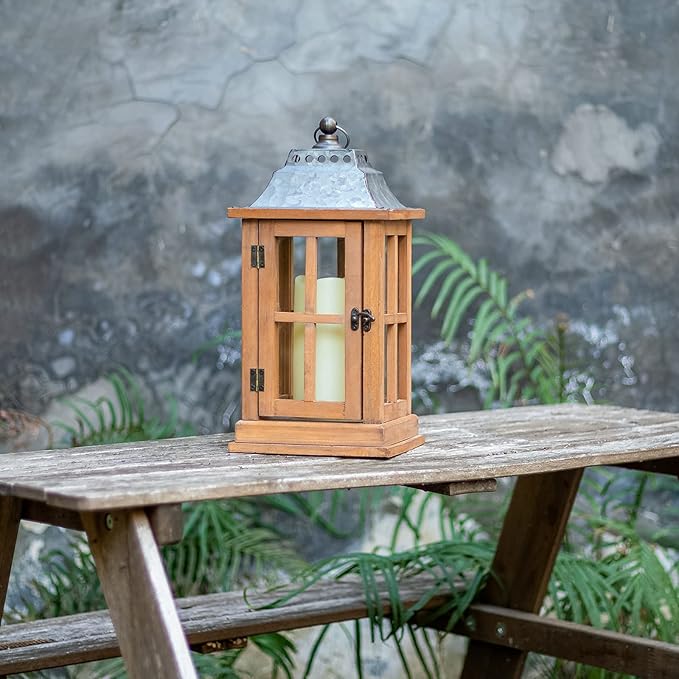 Set of 2 Vintage Style 15 Inch Waterproof Wood Candle Lanterns