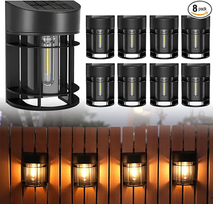 Solar Fence Lights Outdoor 8 Pack Deck Lights Solar Powered with Edison LED Bulbs, Waterproof, Outdoor for Garden Post Patio Backyard Decor
