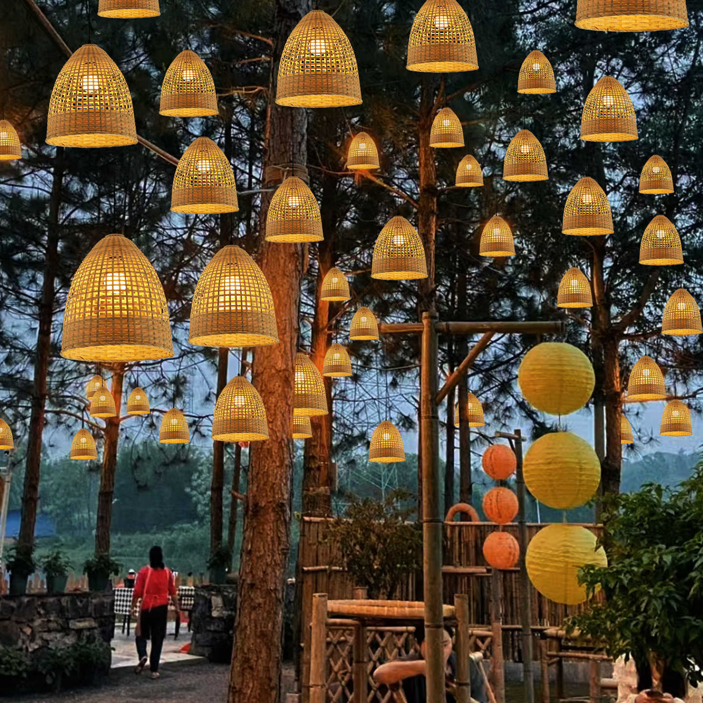 Outdoor Waterproof Bamboo Woven Pendant Light for Scenic Areas and Courtyards Decoration