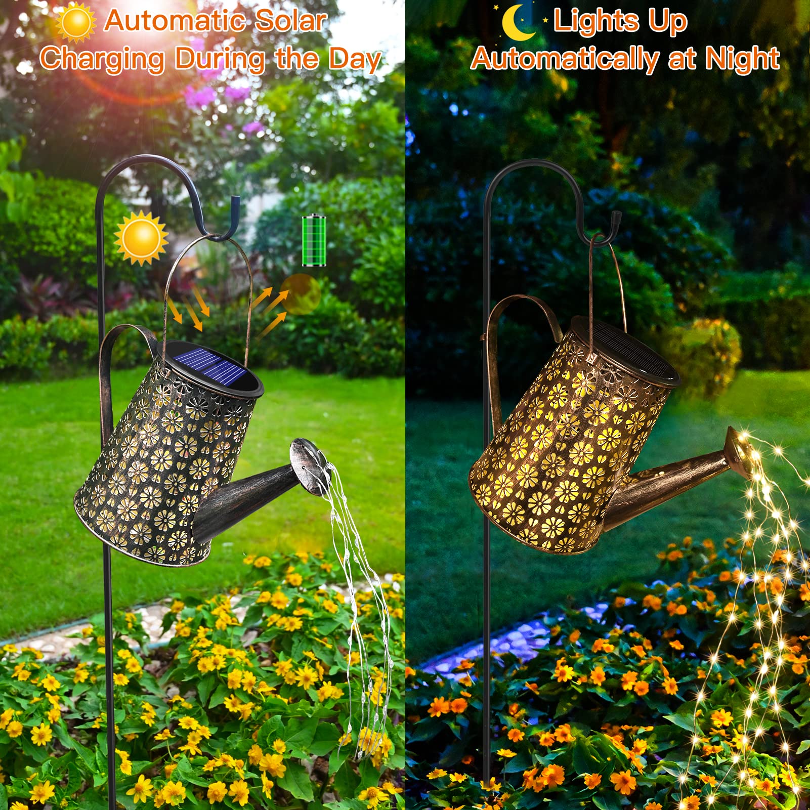 Large Hanging Lantern Landscape Watering Can LED Lights Waterproof Solar Outdoor Garden Decor Porch Patio Pathway Battery