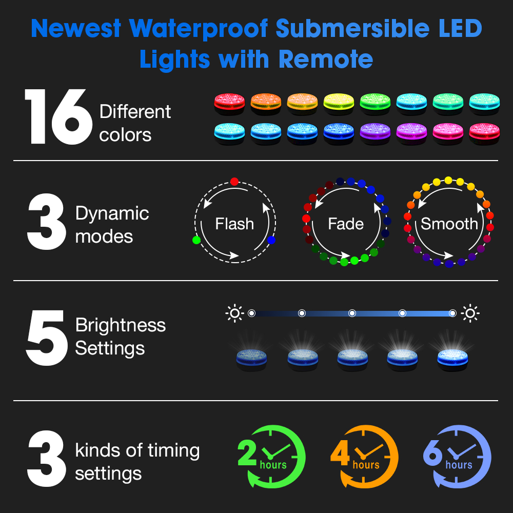 Updated IP68 Waterproof Submersible LED Pool Light Battery Operated RF Remote Suction Cup RGB Underwater Pond Light for Party