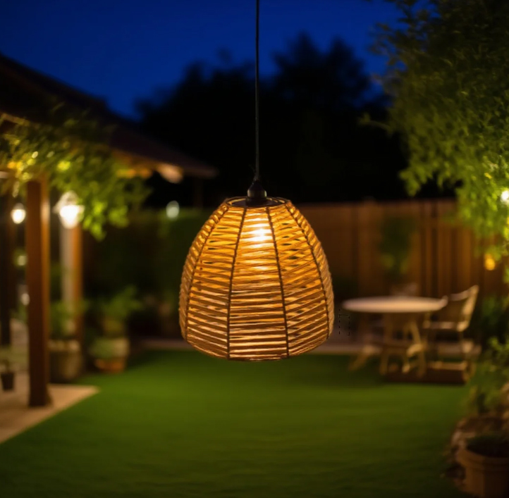 Solar Powered Rattan Pendant Light Outdoor Waterproof Hanging Lantern for Garden Patio Porch Decor
