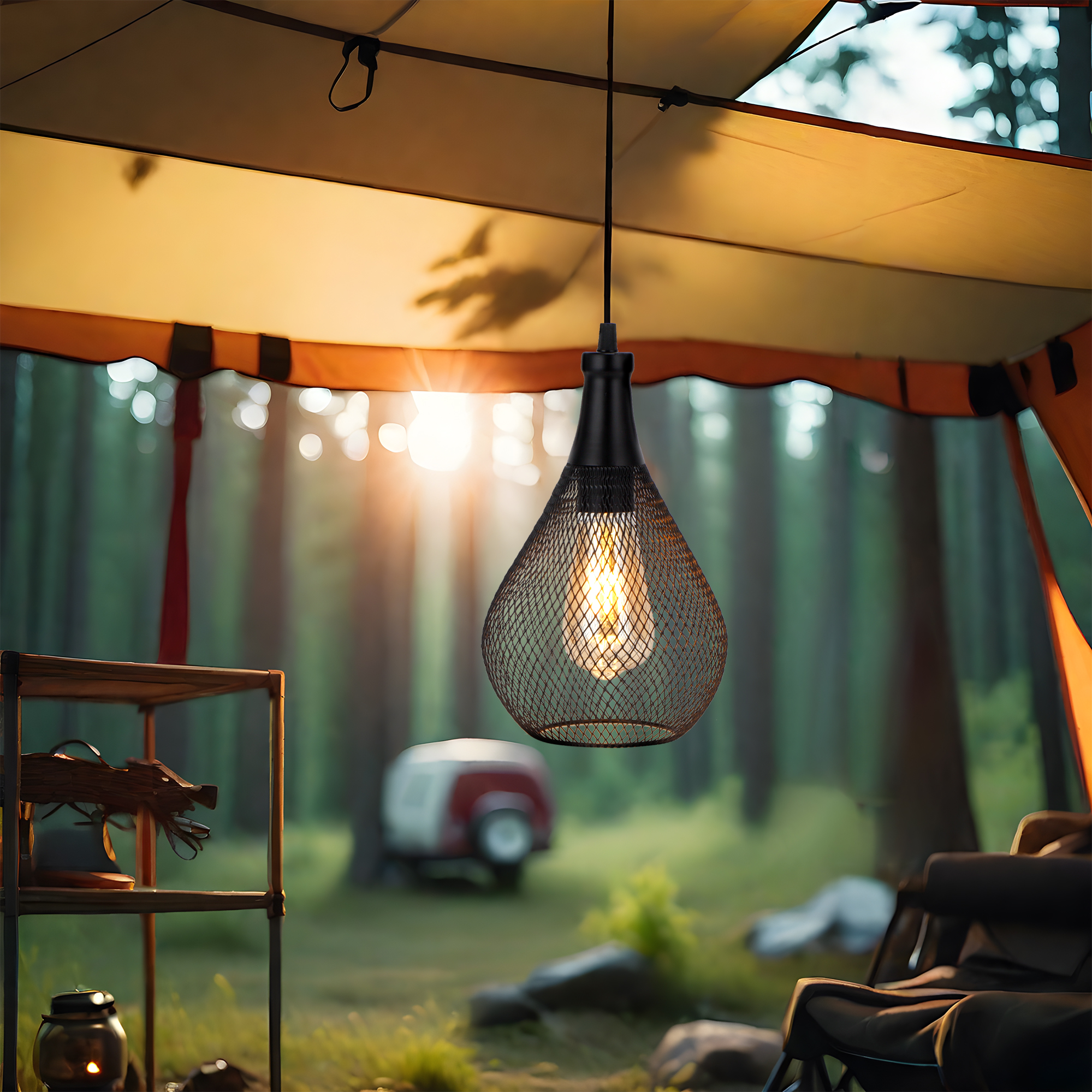 Industrial Style Hanging Battery Pendant Lamp Metal Mesh Outdoor Lamp With Timing Function