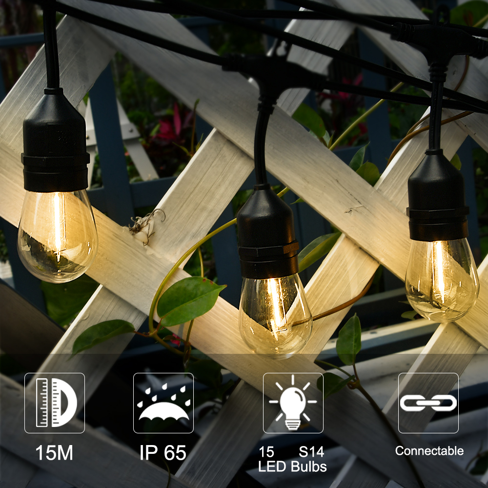 10m 15m 48ft 50m Outdoor Energy Saving Globe String Lights S14 Clear LED Bulbs Festoon Patio Strong String Lights