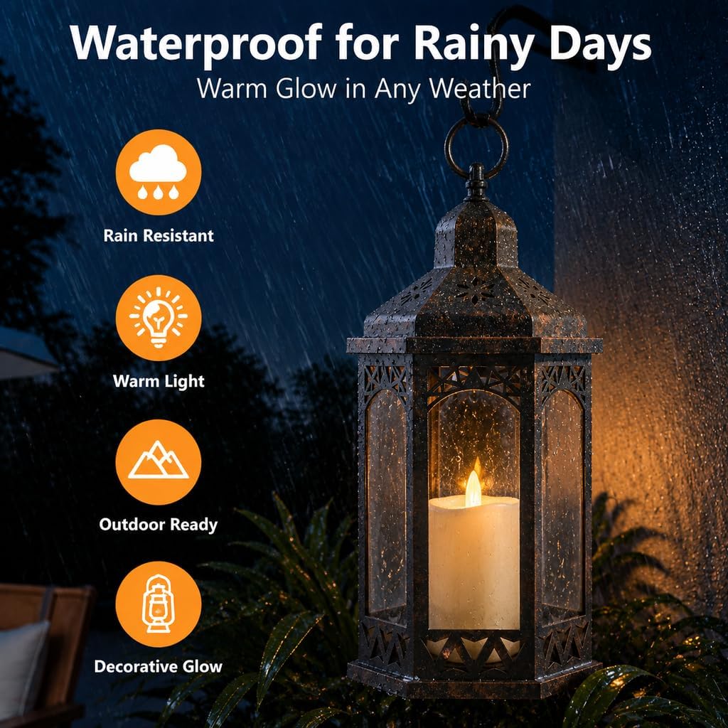 Premium Large Candle Lanterns Outdoor Decorative Indoor Porch Flickering LED Lighting Hexagonal Plastic Battery Operated Hanging