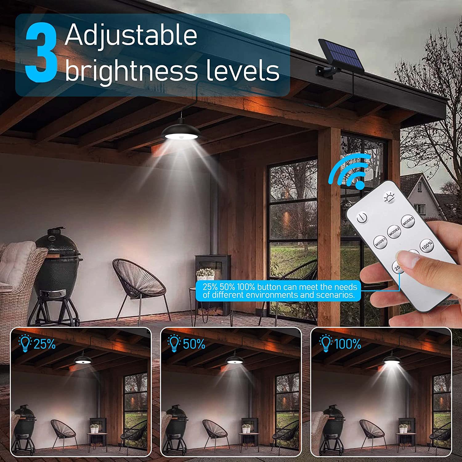 Remote Control Solar LED Pendant Light Outdoor/Indoor Double Head Motion Sensor 100LM IP65 Waterproof DC 3 Lighting Modes