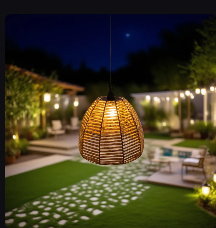 Solar Powered Rattan Pendant Light Outdoor Waterproof Hanging Lantern for Garden Patio Porch Decor