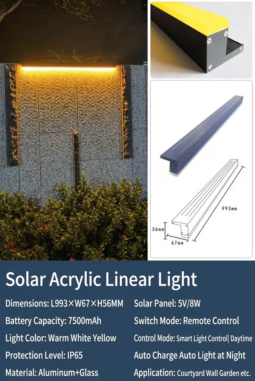 Solar Acrylic LED Linear Light IP65 Waterproof Step Lights Outdoor Stairs Lights Deck Sidewalk Aluminum Tempered Glass