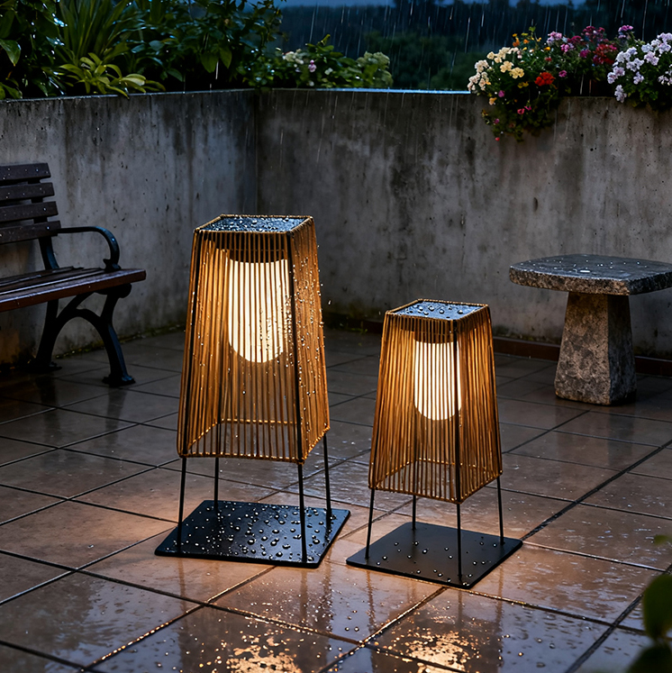 Solar Floor Lamp Outdoor Solar Powered Lantern for Patio Waterproof Rattan Deck Lights for Porch Yard Garden Lawn Pathway
