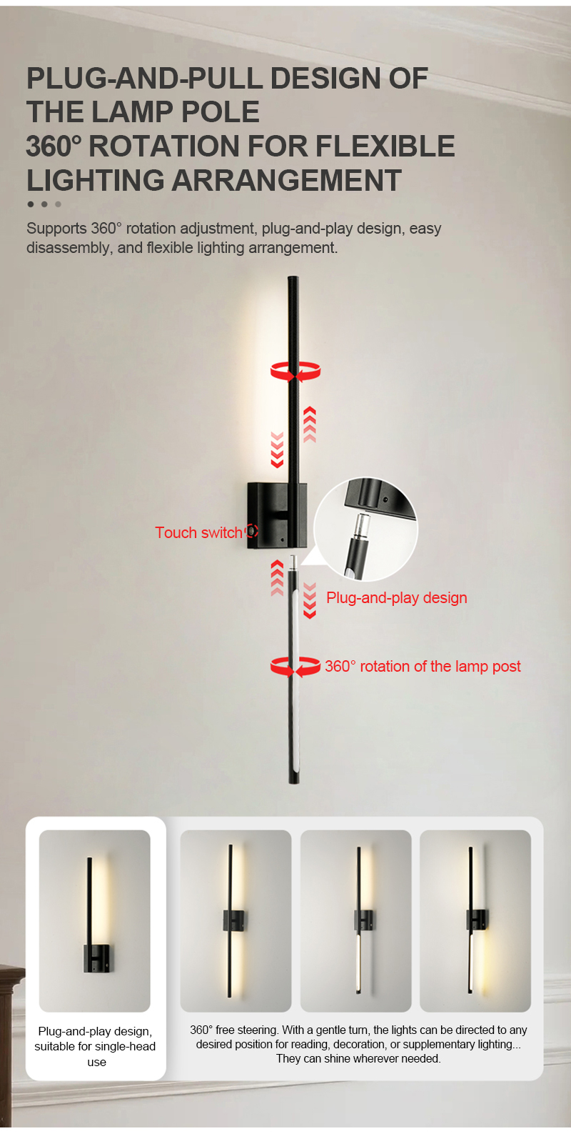 Dimmable Wall Sconces With Remote Control 350 Rotate 3000K LED Wireless 6000mAh Battery Operated 8W Line Wall Lamp