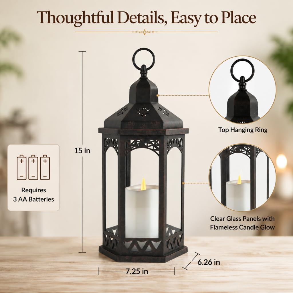 Premium Large Candle Lanterns Outdoor Decorative Indoor Porch Flickering LED Lighting Hexagonal Plastic Battery Operated Hanging