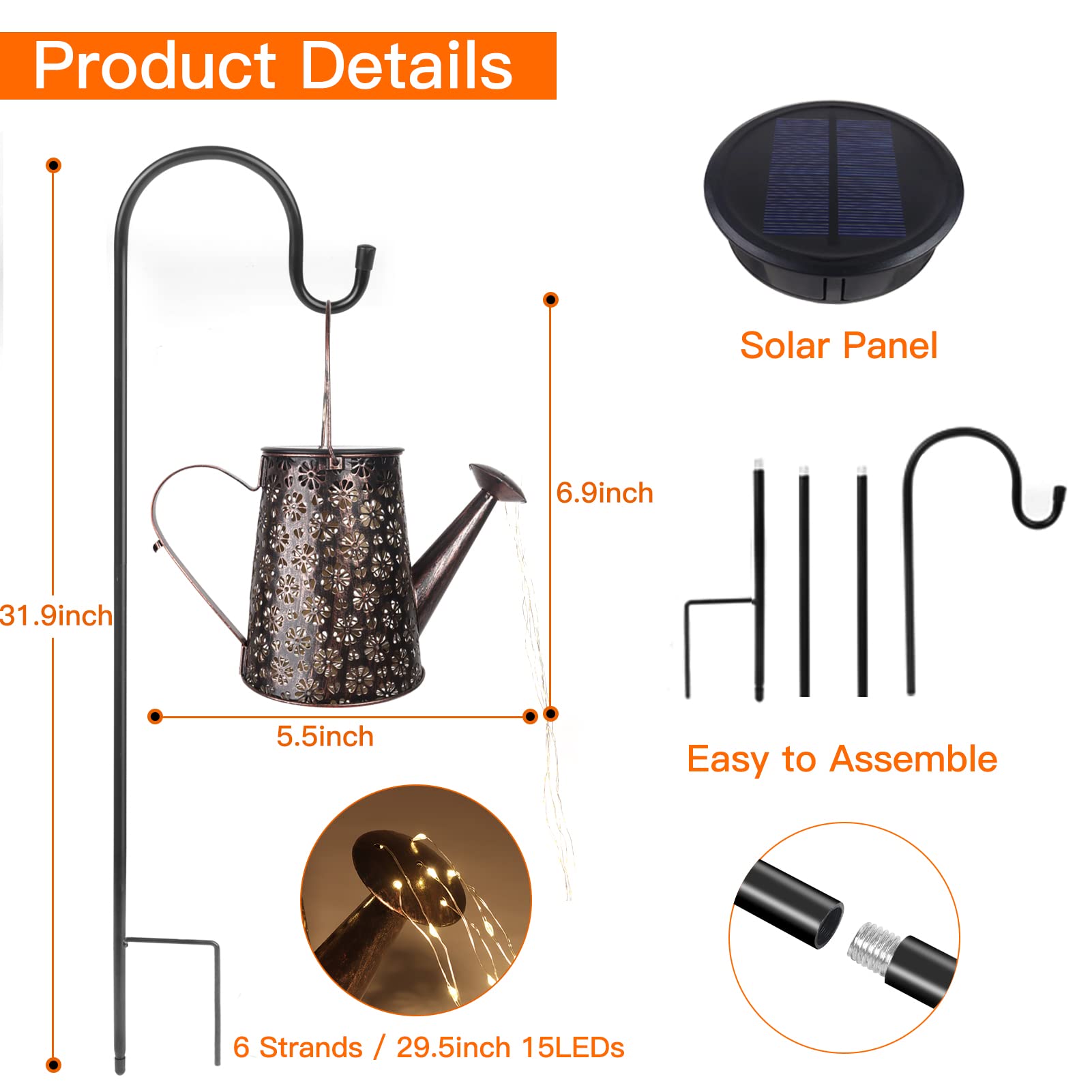 Large Hanging Lantern Landscape Watering Can LED Lights Waterproof Solar Outdoor Garden Decor Porch Patio Pathway Battery