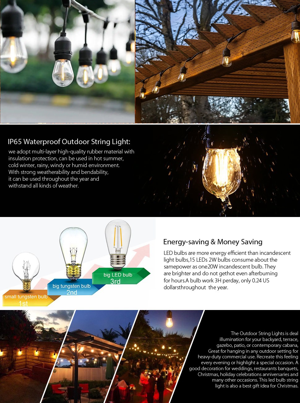 10M 15M 20M 48ft E26/E27 LED Outdoor Festoon Bulb String Lights IP65 Waterproof Wedding Christmas Garden Party Light