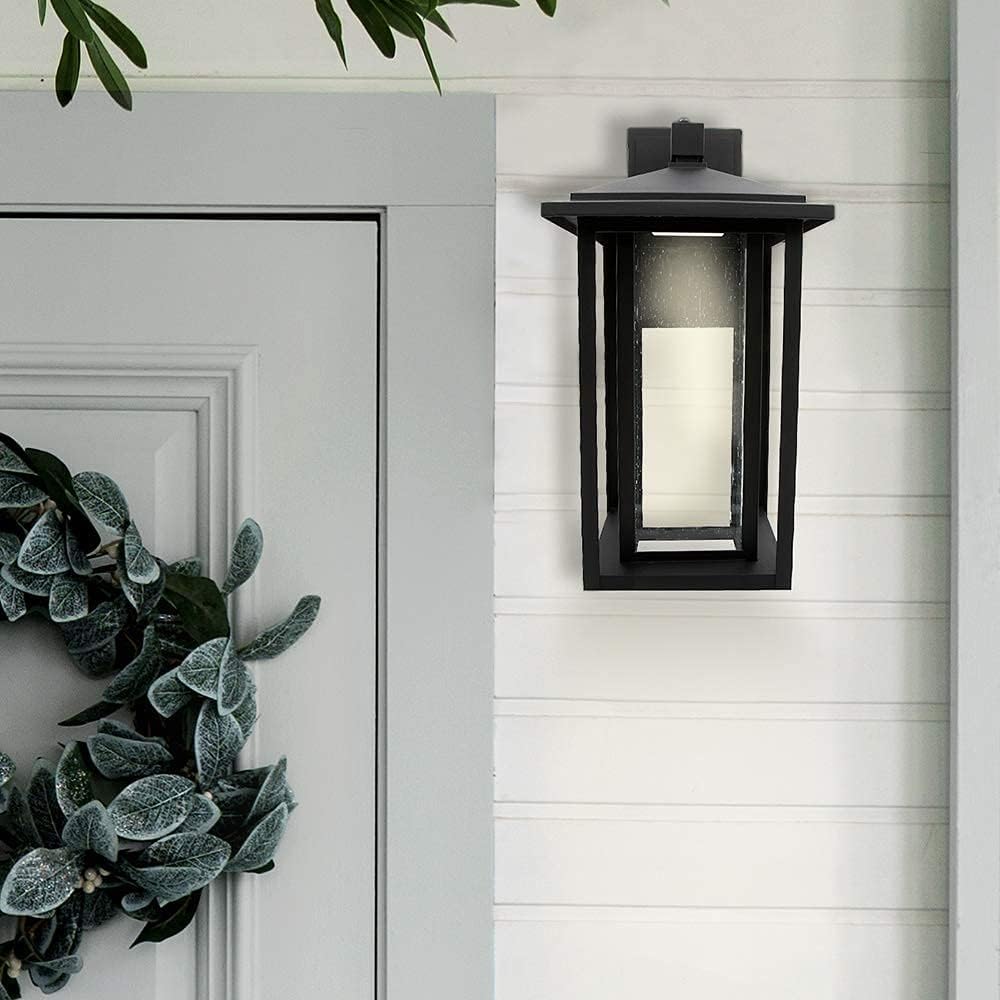 LED Outdoor Wall Light Square Decorative Home Porch Lantern with Automatic Dusk to Dawn Photocell Sensor Seeded Glass Design
