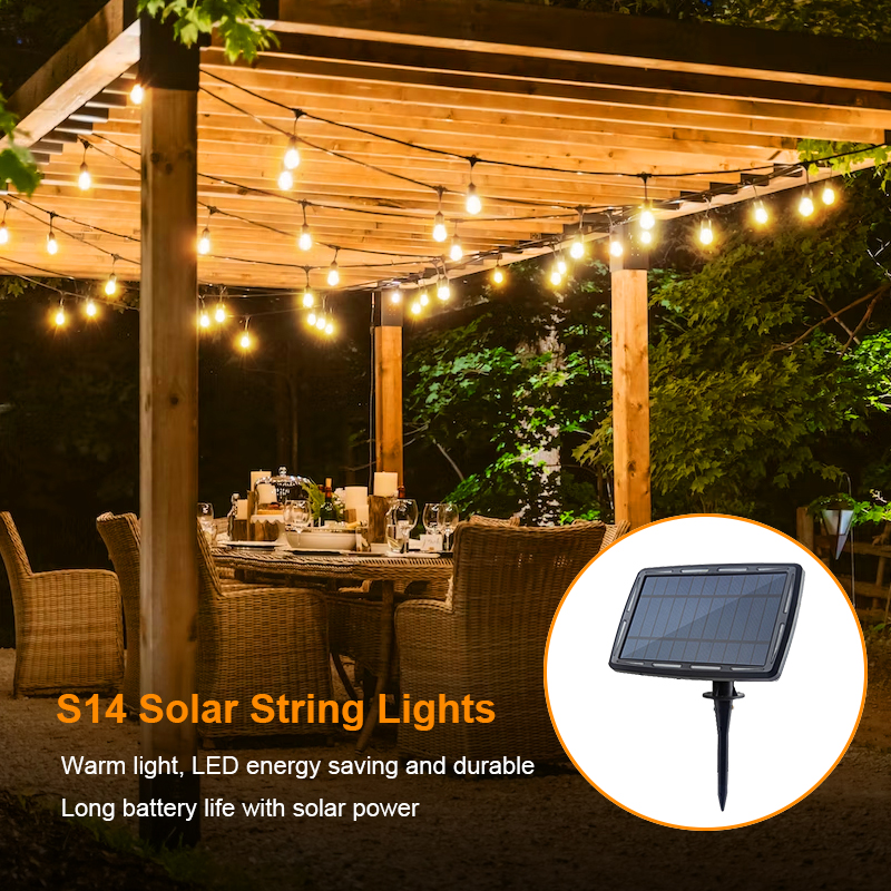 50FT S14 Solar Outdoor in Holiday Lighting Garden Powered Fixed Hanging String Lights With Bulb Led Edison Festoon String Lights