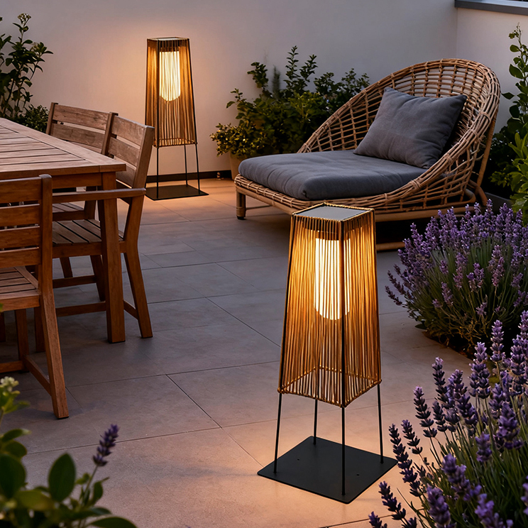 Solar Floor Lamp Outdoor Solar Powered Lantern for Patio Waterproof Rattan Deck Lights for Porch Yard Garden Lawn Pathway