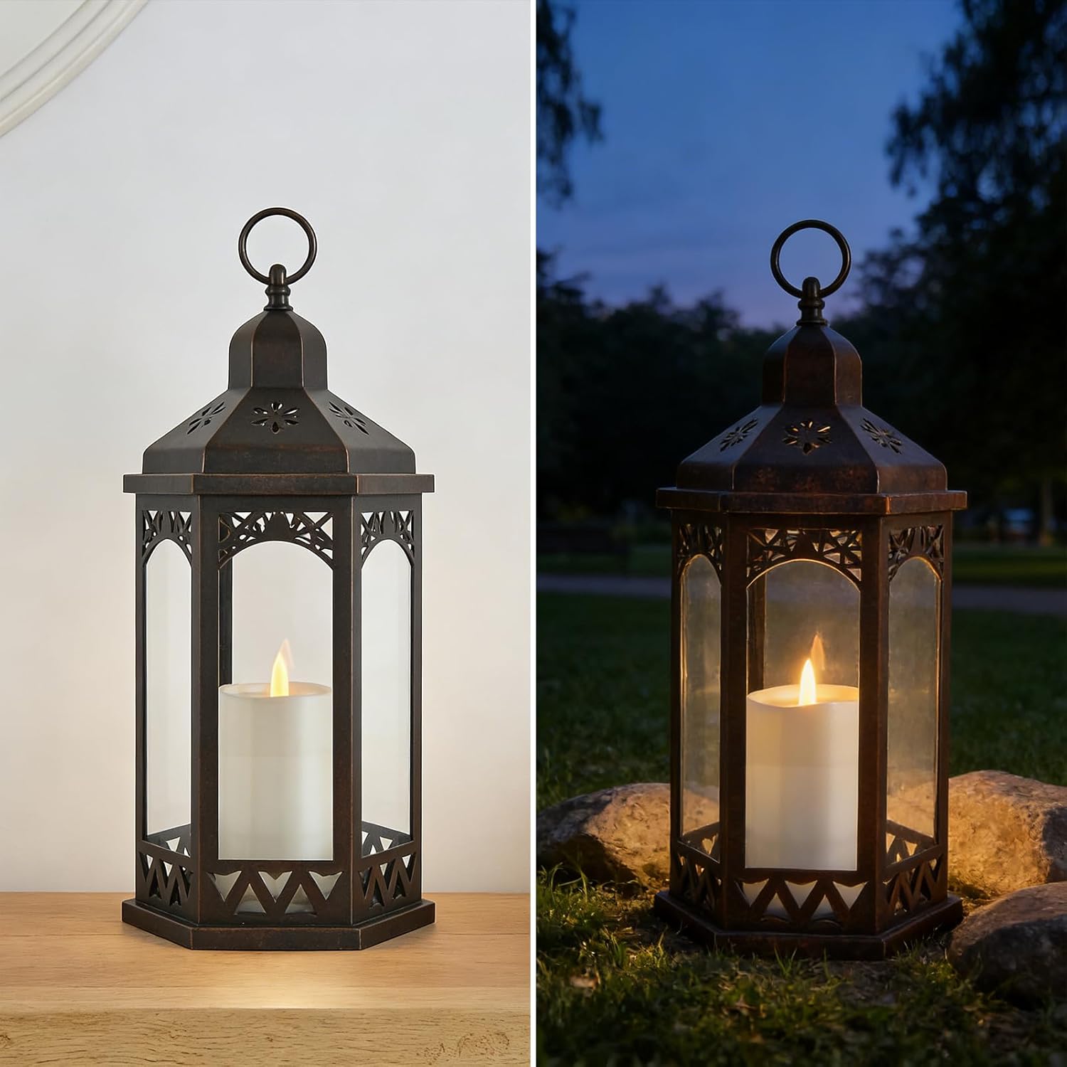 Premium Large Candle Lanterns Outdoor Decorative Indoor Porch Flickering LED Lighting Hexagonal Plastic Battery Operated Hanging