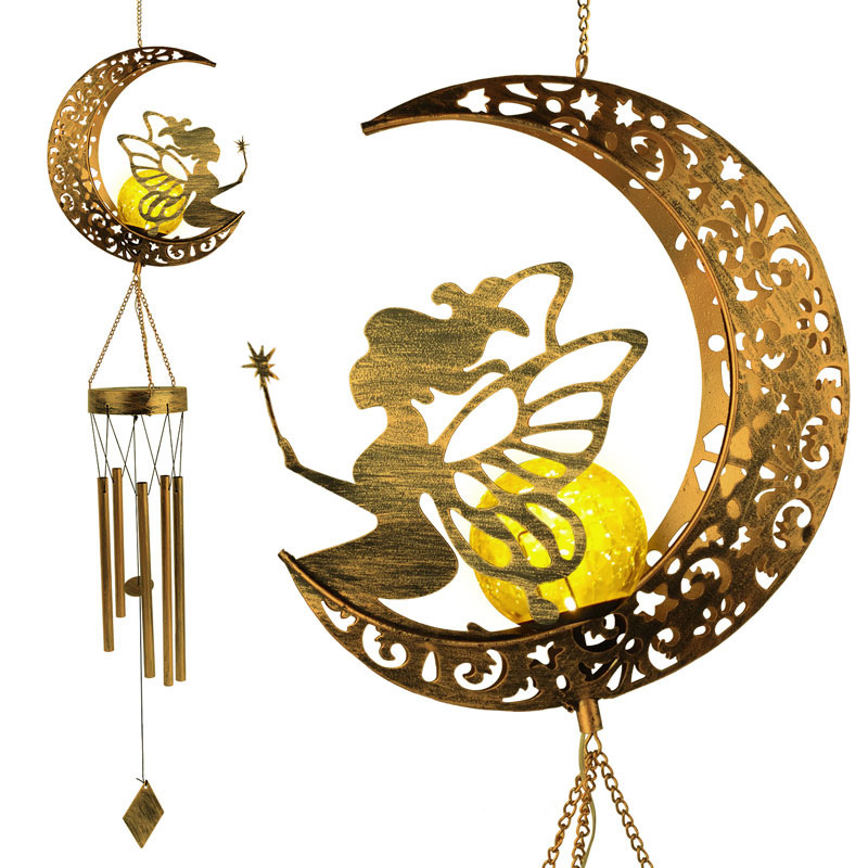 Outdoor Waterproof Metal Hollow Led Sun Moon Star Pendant Solar Wind Bell Light for Garden,courtyard,corridor