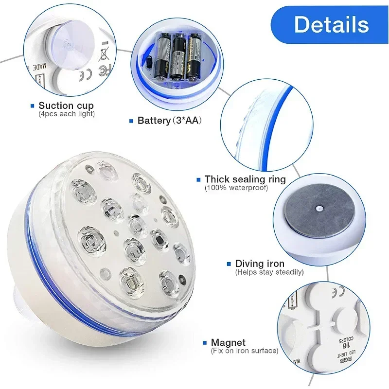 Updated IP68 Waterproof Submersible LED Pool Light Battery Operated RF Remote Suction Cup RGB Underwater Pond Light for Party