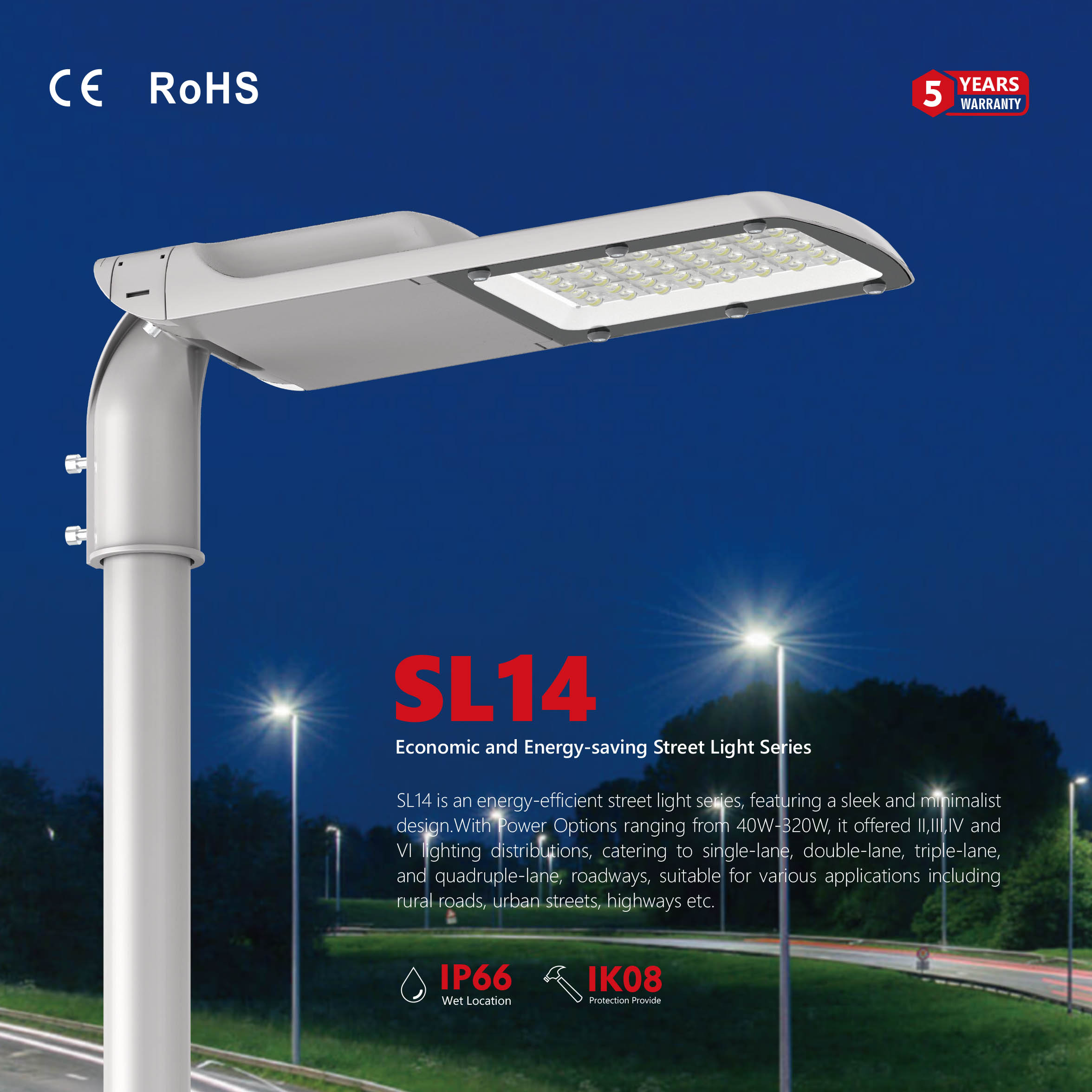 Outdoor IP66 LED Street Lights Aluminum Alloy 40W-320W Smartthings Compatible Motion Sensor 5-Year Warranty Road Lighting
